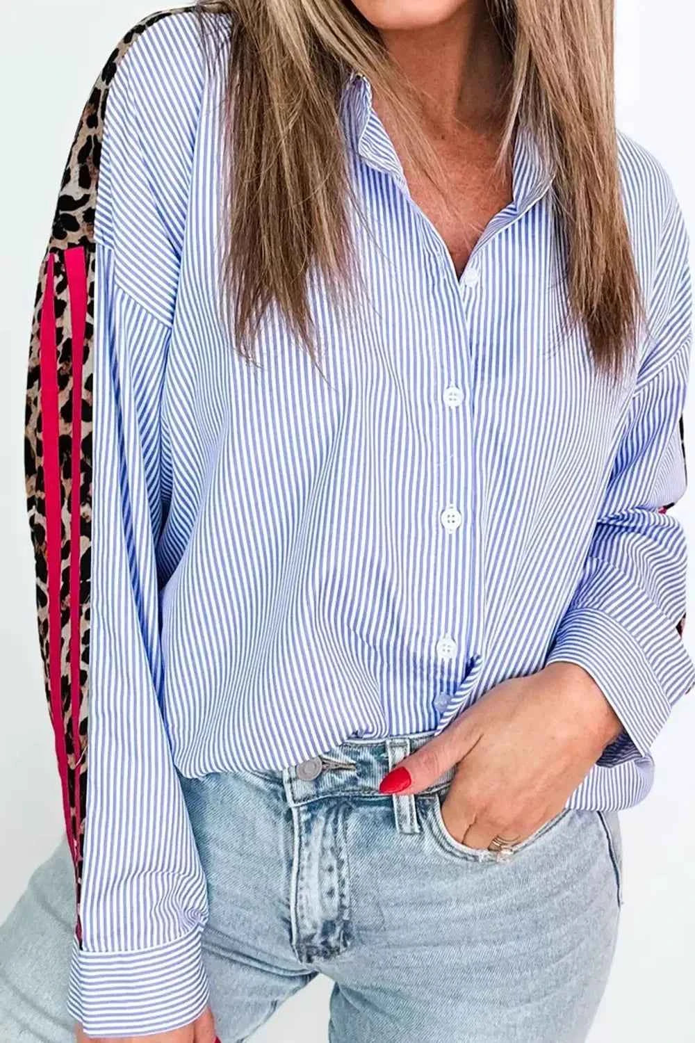 Sarah Express Women's Varsity Stripe Leopard Patchwork Button Down Shirt Stripe