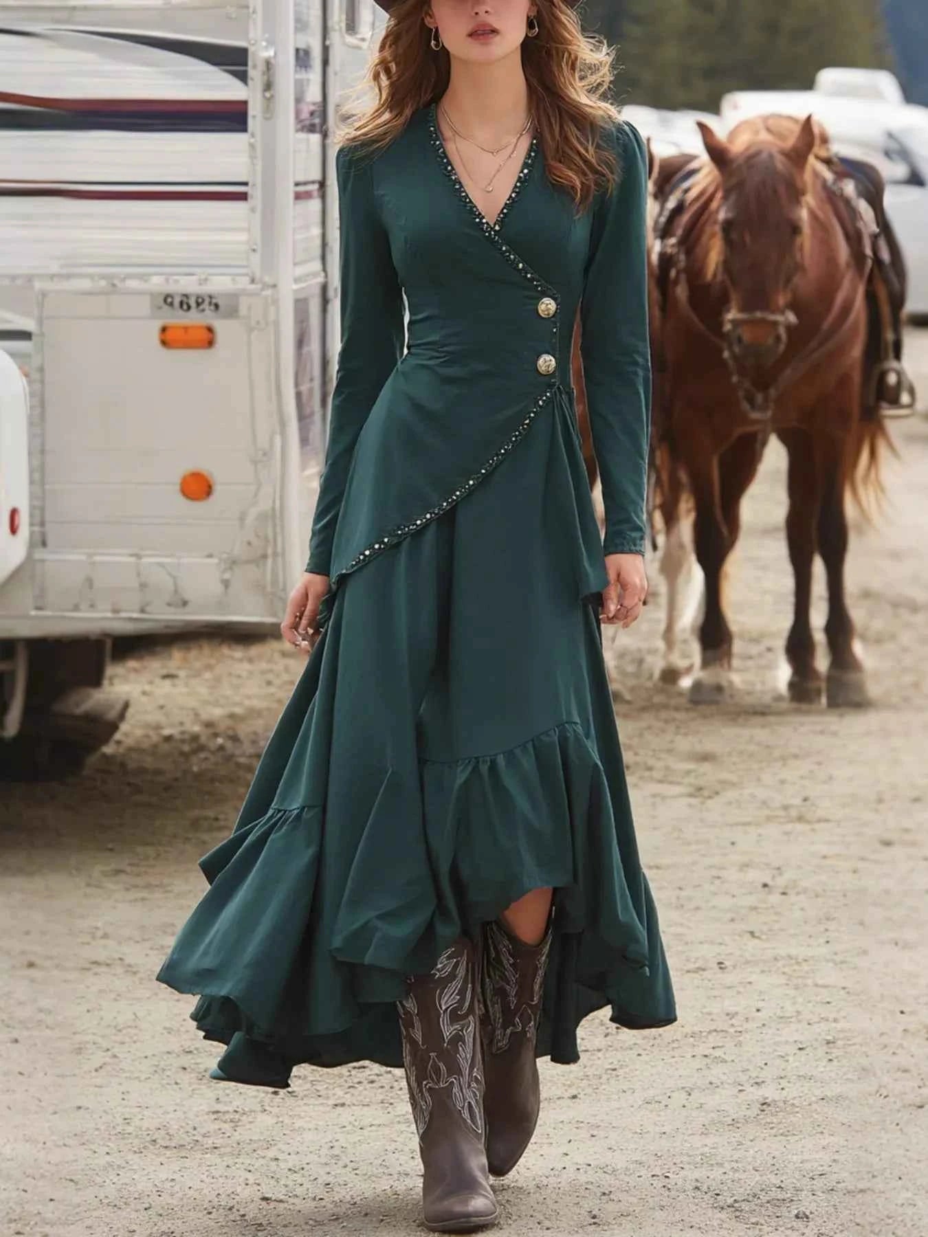 Sarah Express Women's Ruffled Hem Surplice Long Sleeve Dress - Elegant Ruched Polyester Maxi Dress Peacock Blue