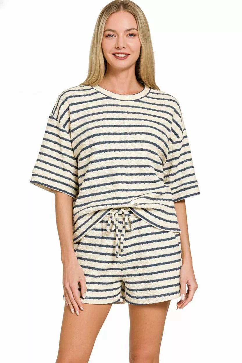 Sarah Express Women's Striped Short Sleeve Tee & Shorts Set