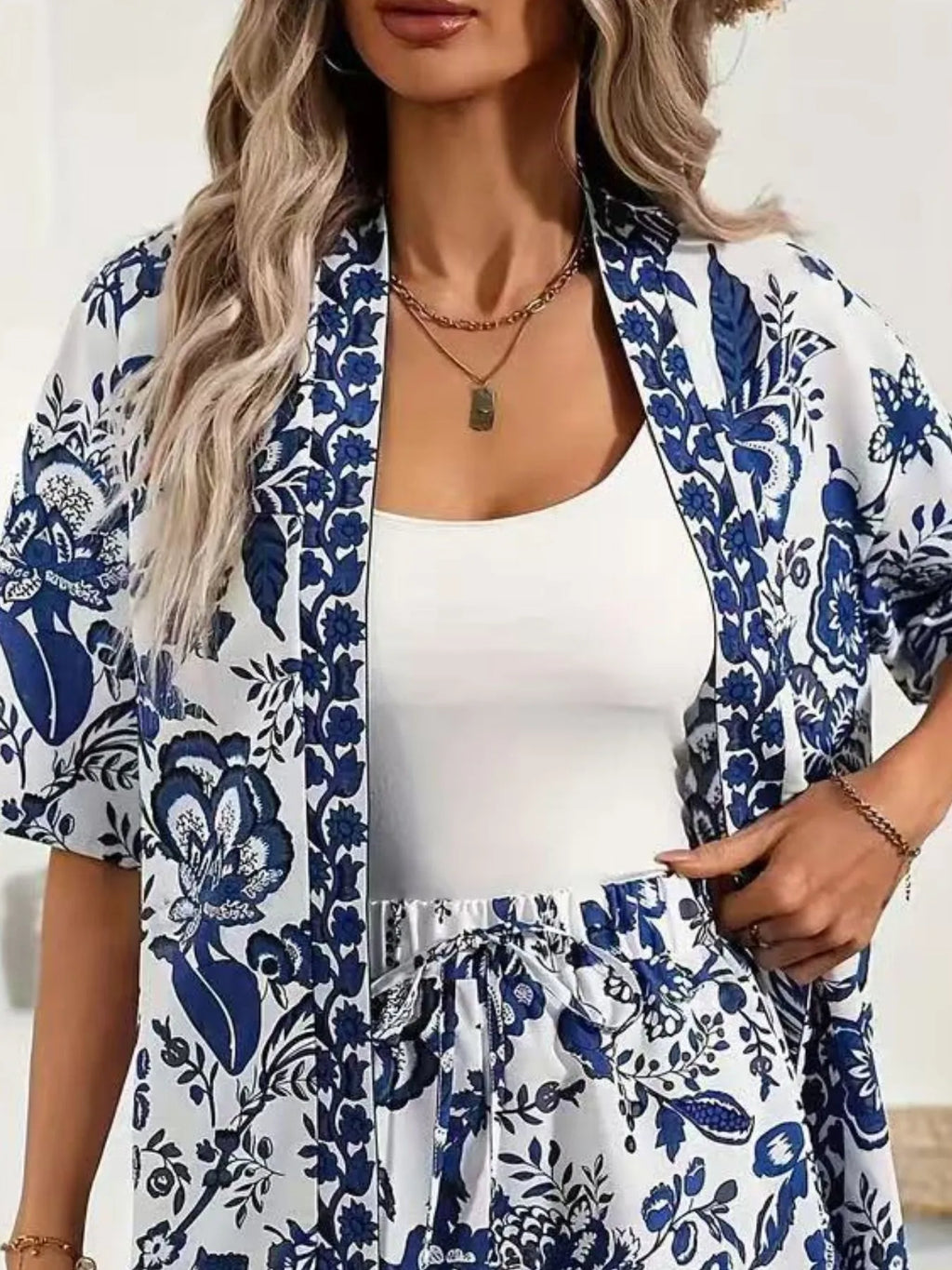 Sarah Express Women's Printed Open Front Cardigan and Shorts Set