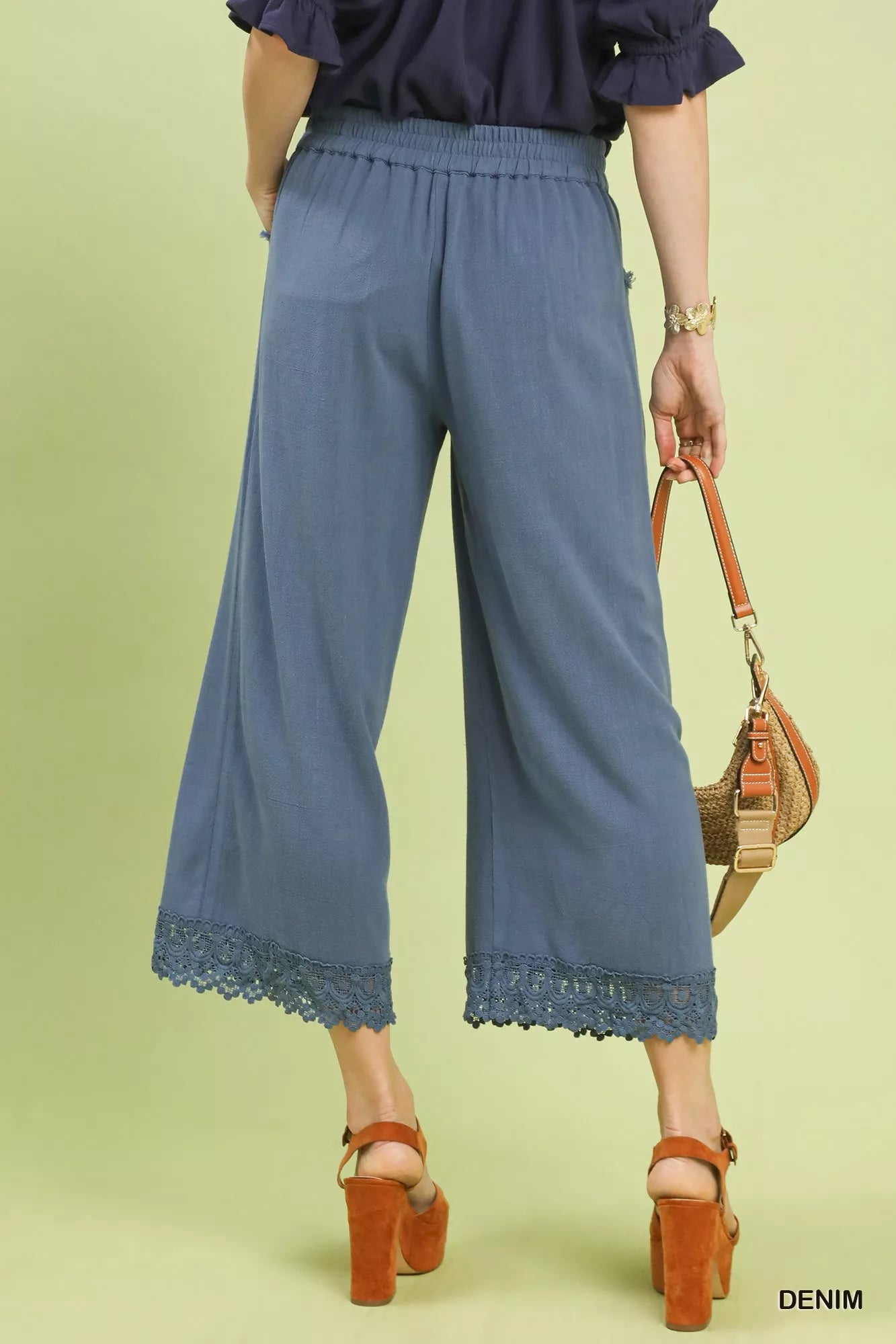 Sarah Express Women's Linen Wide Leg Cropped Pants with Lace Trim - Lightweight Summer Palazzo Pants