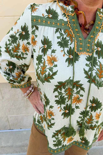 Sarah Express Women's Plus Size Floral Patchwork Blouse with Tassel Tie 3/4 Sleeve