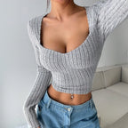 Sarah Express Women's Cropped Long Sleeve Striped Brushed Top