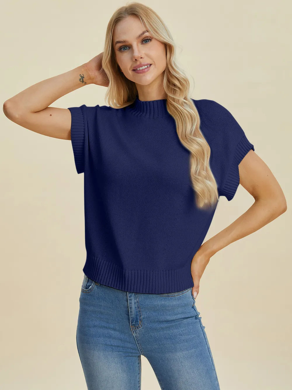 Sarah Express Women’s Plus Size Short Sleeve Mock Neck Viscose Sweater
