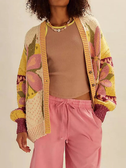 Sarah Express Women's Floral Pattern Button Up Cardigan Beige One Size