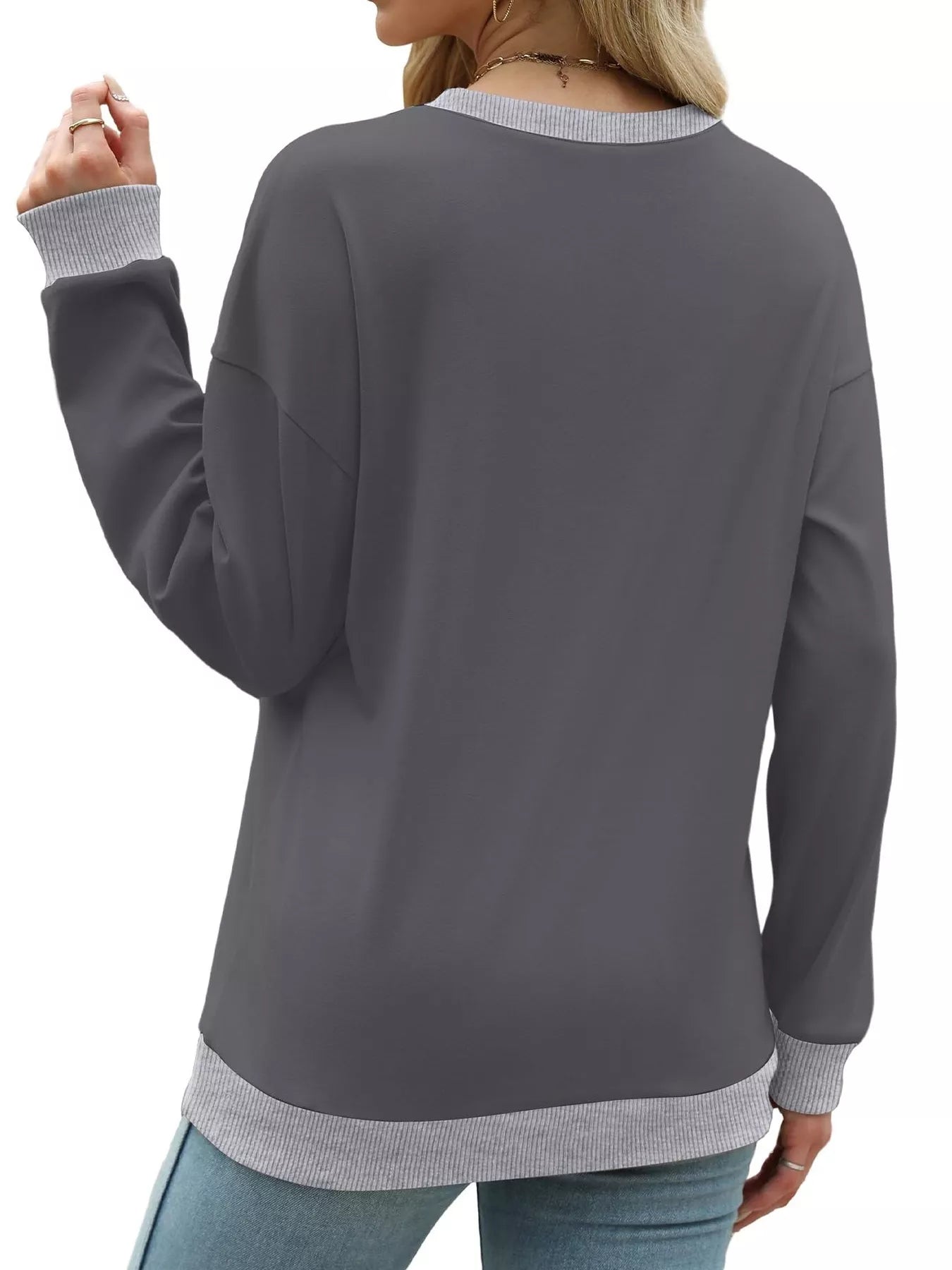 Sarah Express Women's Contrast Trim Crew Neck Casual Sweatshirt