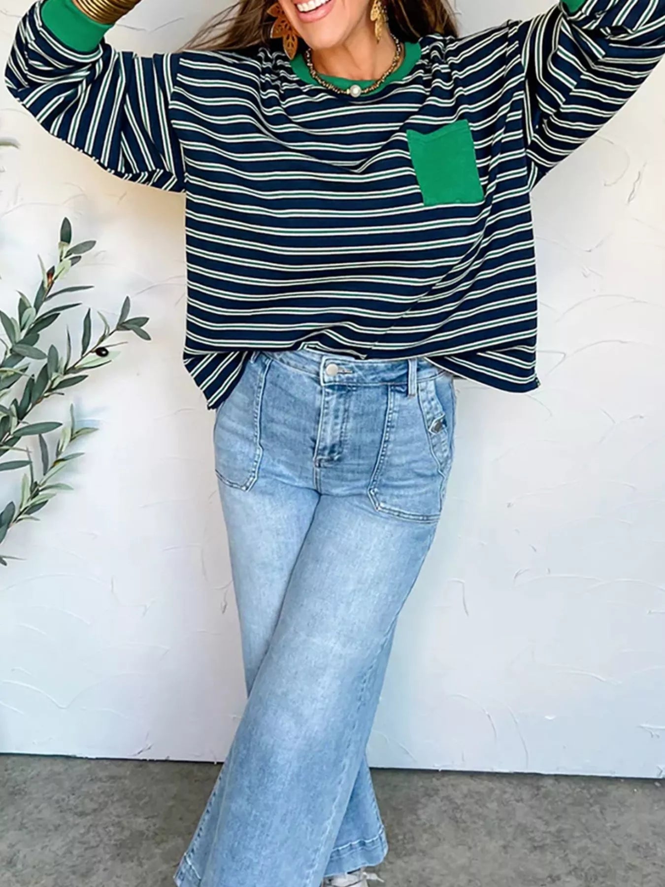 Sarah Express Women's Striped Long Sleeve Top with Pockets