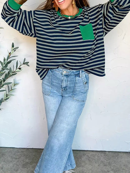 Sarah Express Women's Striped Long Sleeve Top with Pockets