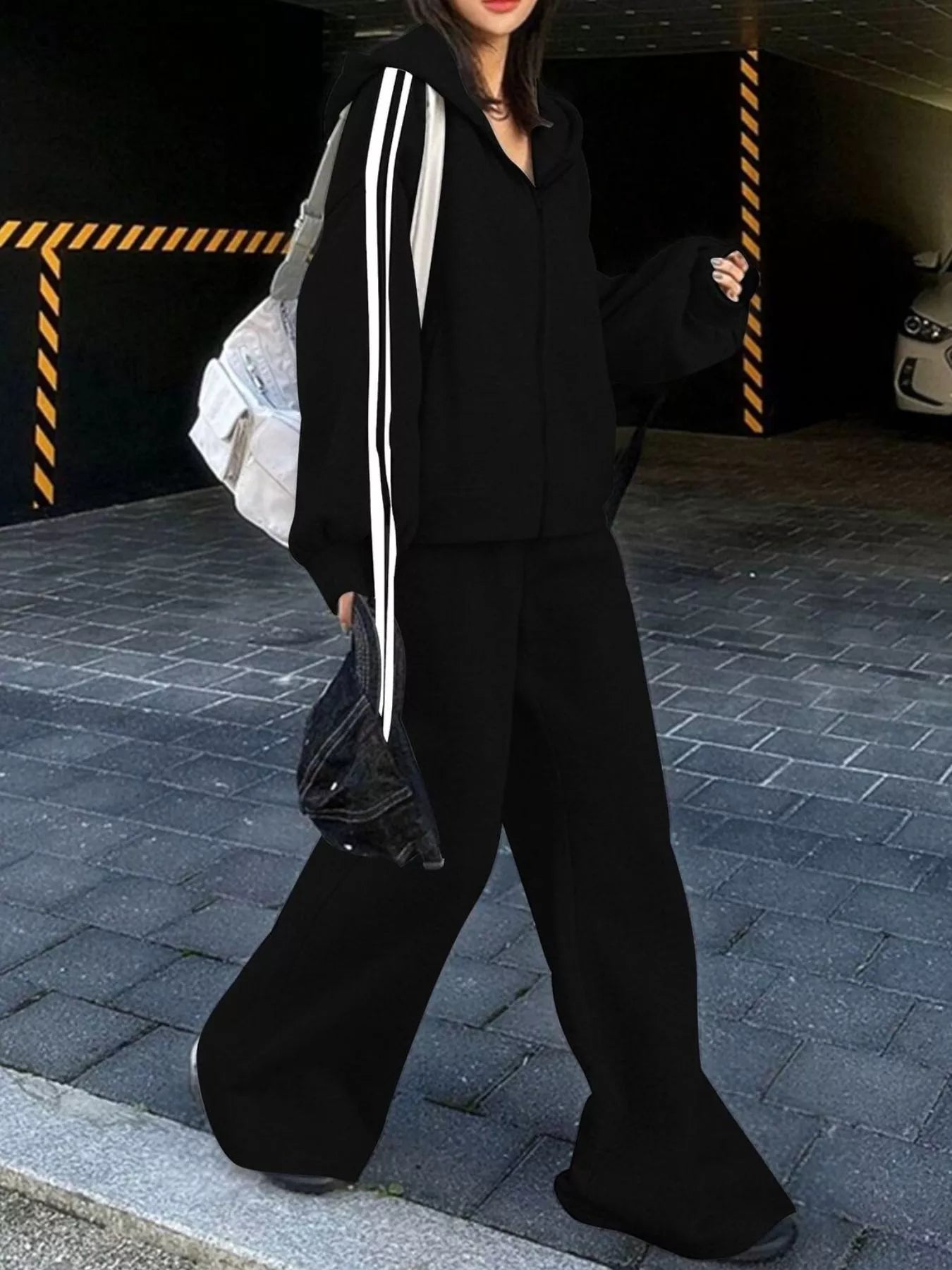 Sarah Express Women's Side Striped Zip Up Hoodie and Pants Set Black