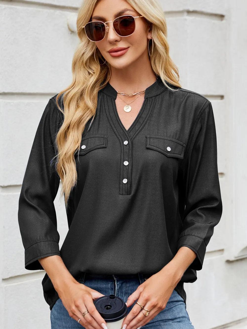 Sarah Express Women's Notched Three-Quarter Sleeve Denim Top Black