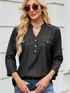 Sarah Express Women's Notched Three-Quarter Sleeve Denim Top Black