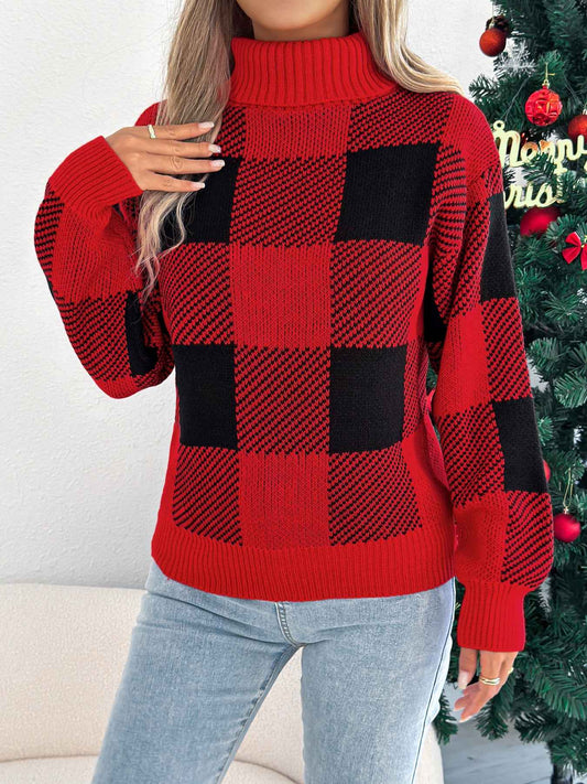 Sarah Express Women's Color Block Plaid Turtleneck Sweater - Lantern Sleeve Pullover