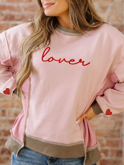Sarah Express Women's Color Block Patchwork Embroidered Letter Sweatshirt Blush Pink
