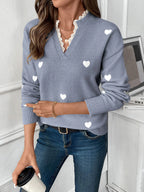 Sarah Express Women's Heart V-Neck Long Sleeve Sweater with Lace Detail