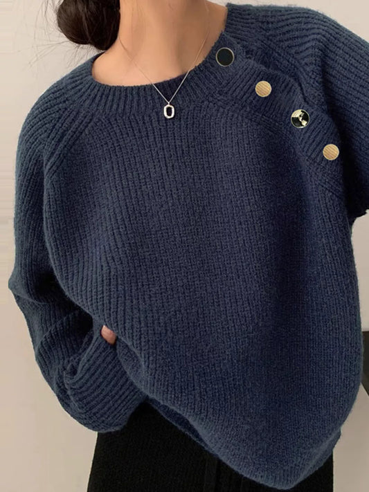 Sarah Express Women's Button-Decorated Round Neck Sweater Navy One Size