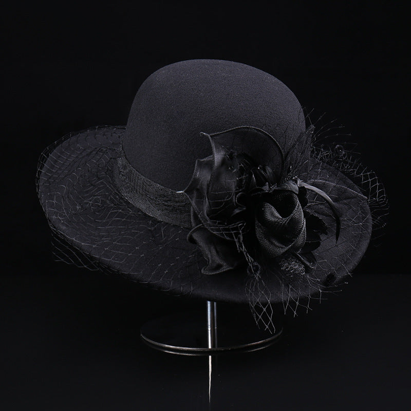 Sarah Express Women's Woolen Cloche Hat Floral Net Veil Dome Style