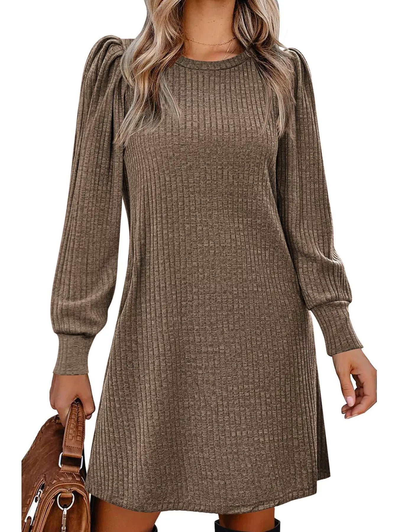 Sarah Express Women's Ribbed Knit Puff Sleeve Mini Dress