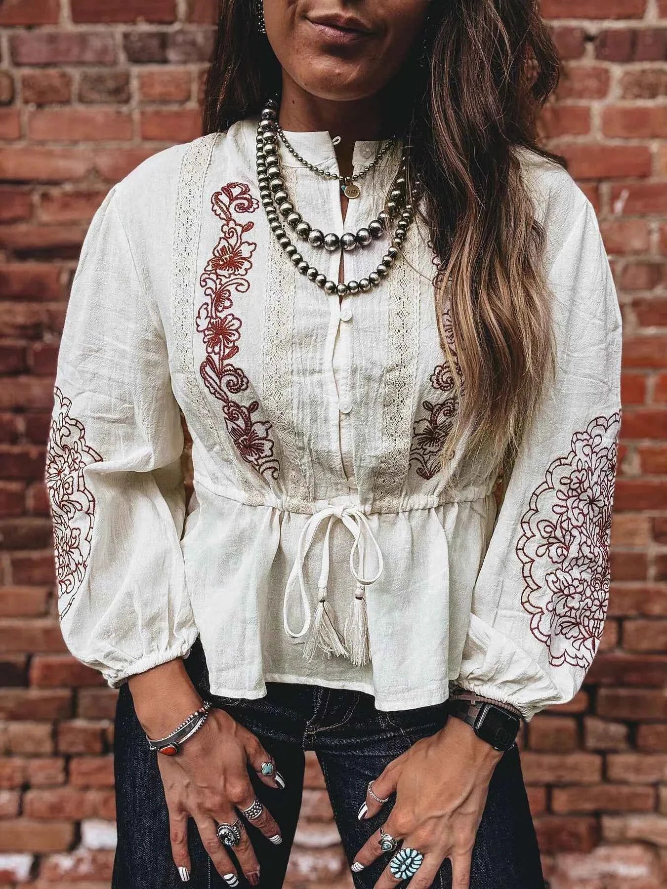 Sarah Express Women's Embroidered Drawstring Waist Blouse - Buttoned Long Sleeve Top Off-white