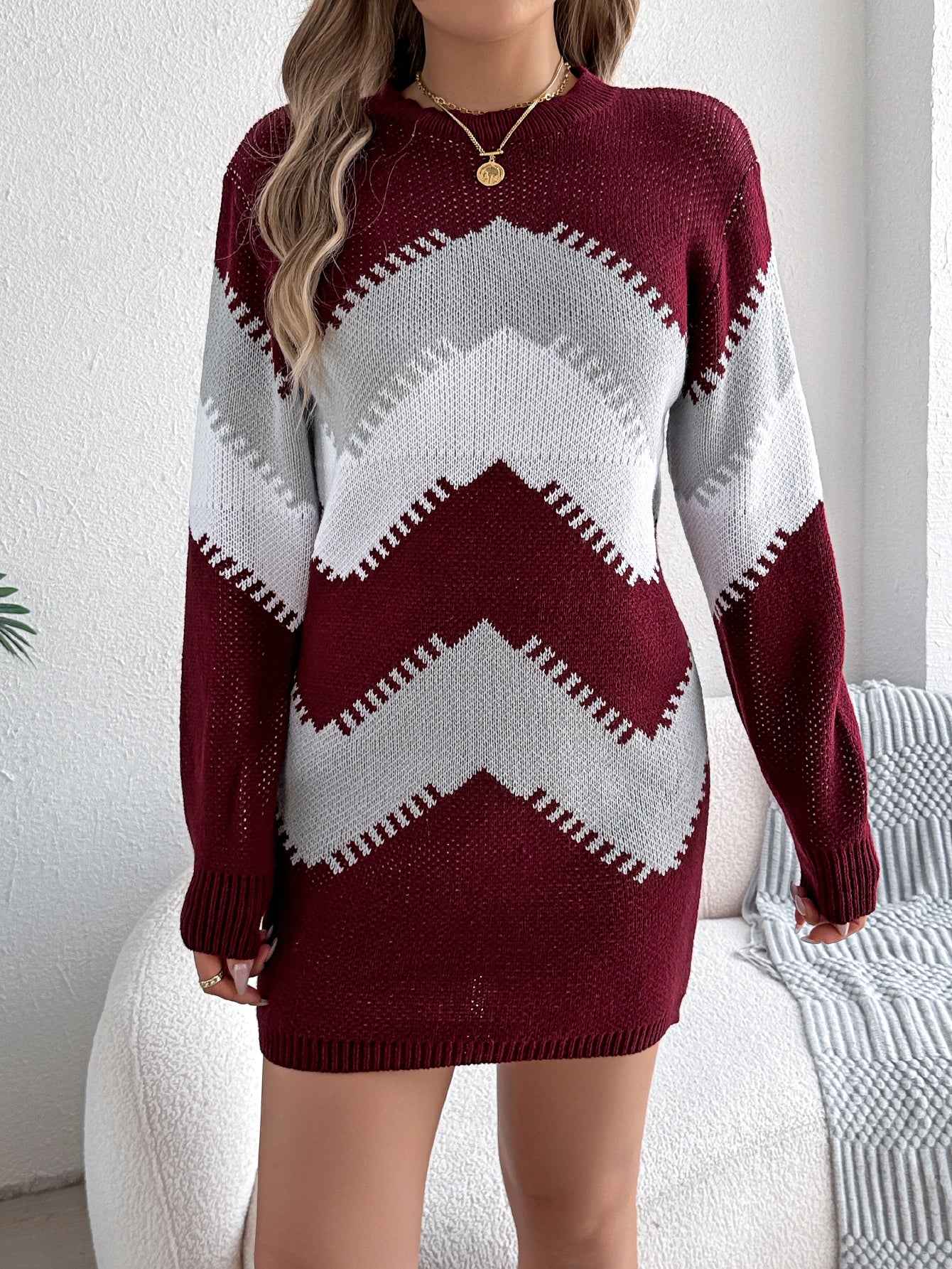 Sarah Express Women's Color Block Lantern Sleeve Sweater Dress Burgundy