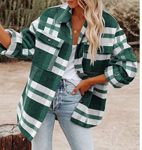 Sarah Express Women's Plaid Flannel Woolen Button-Up Shirt Urban Cardigan Style