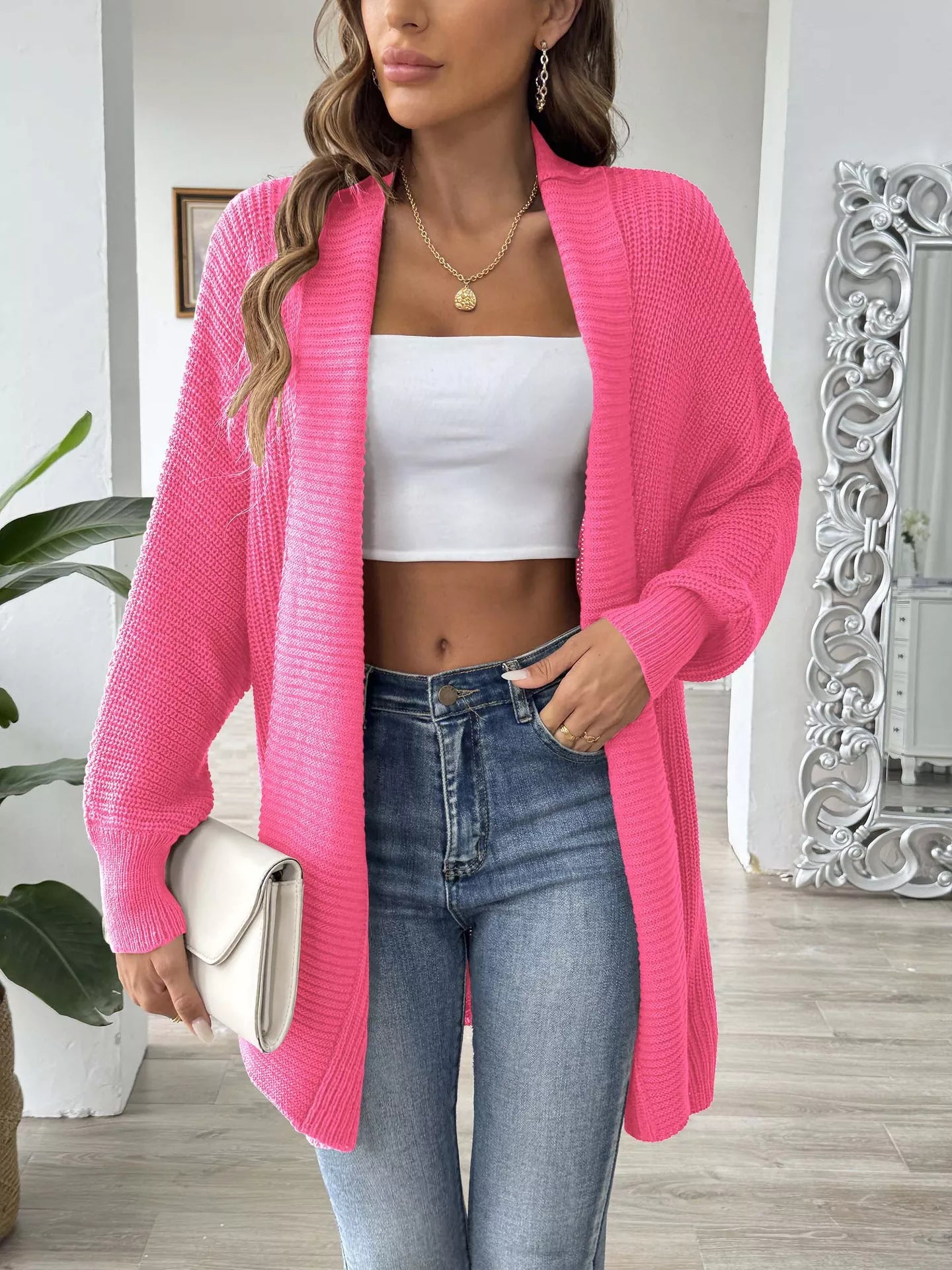 Sarah Express Women's Open Front Ribbed Knit Cardigan Fuchsia Pink One Size