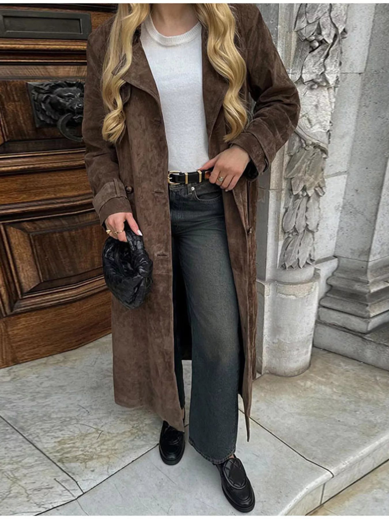 Sarah Express Women's Vintage Double Breasted Tie Waist Coat - Belted Trench Coat