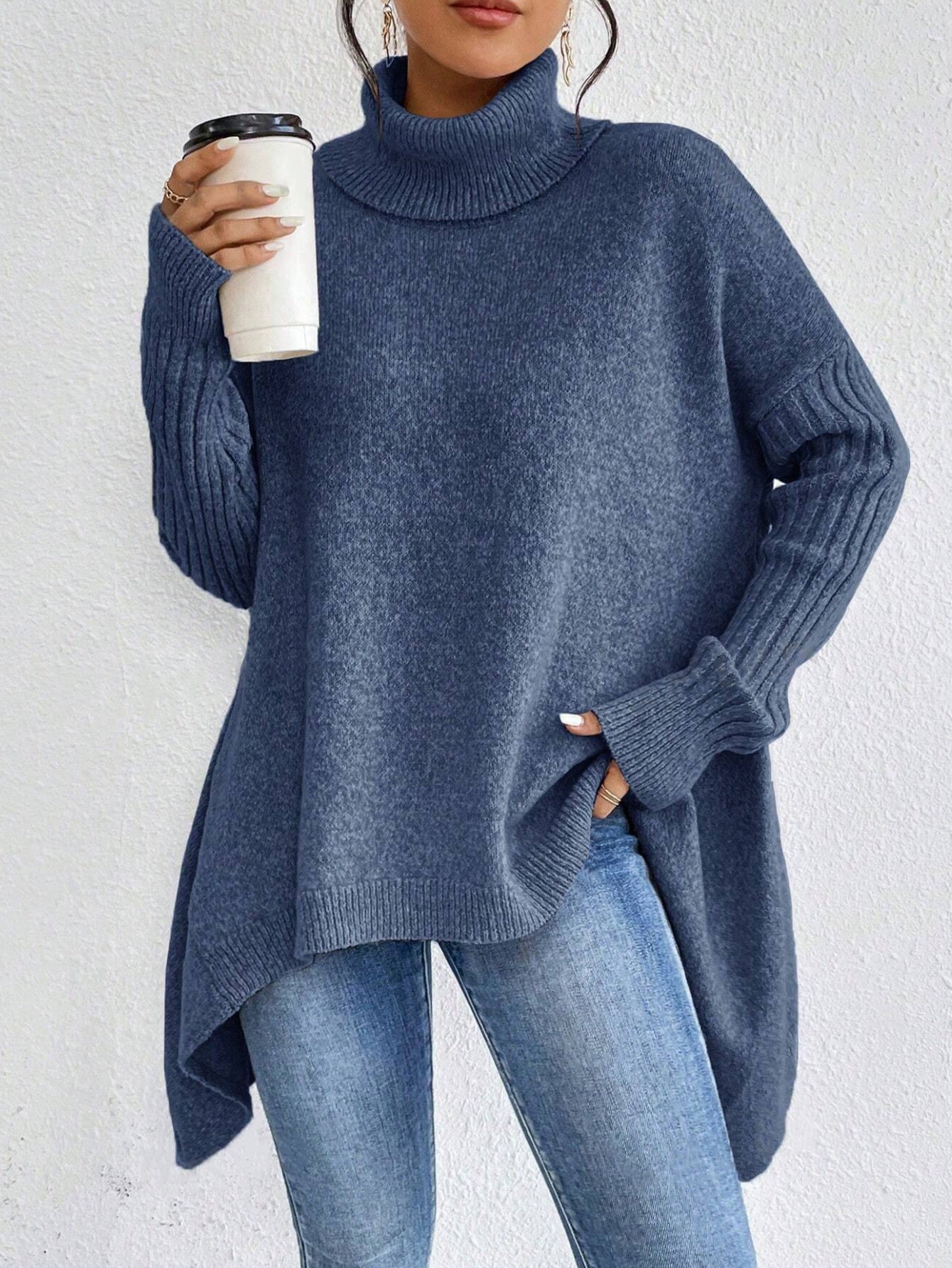 Sarah Express Women's Irregular Turtleneck Sweater - Loose Knit Long Sleeve Pullover Dark Blue