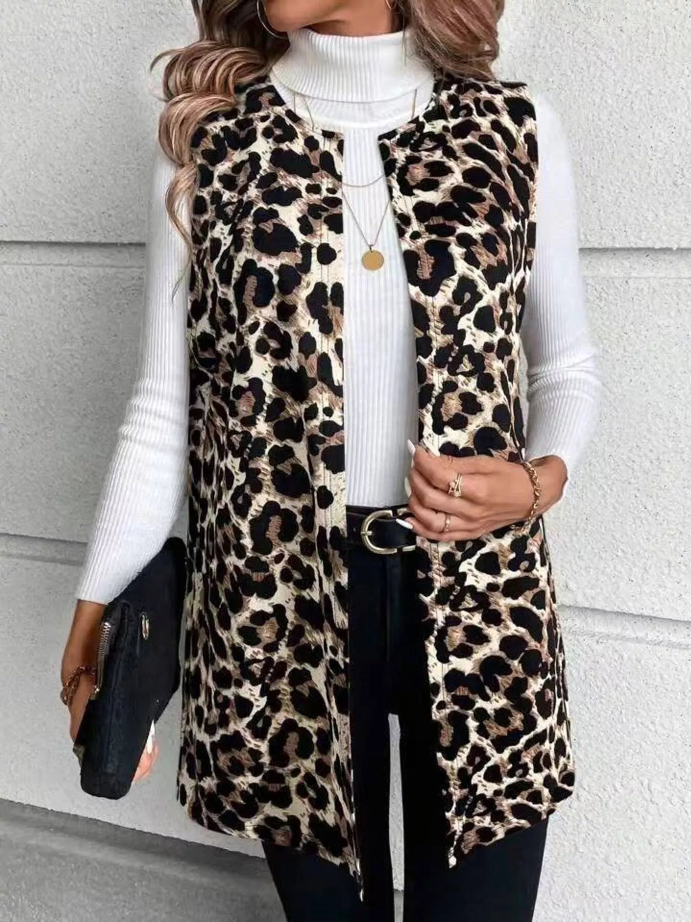 Sarah Express Women's Sleeveless Leopard Print Vest Coat