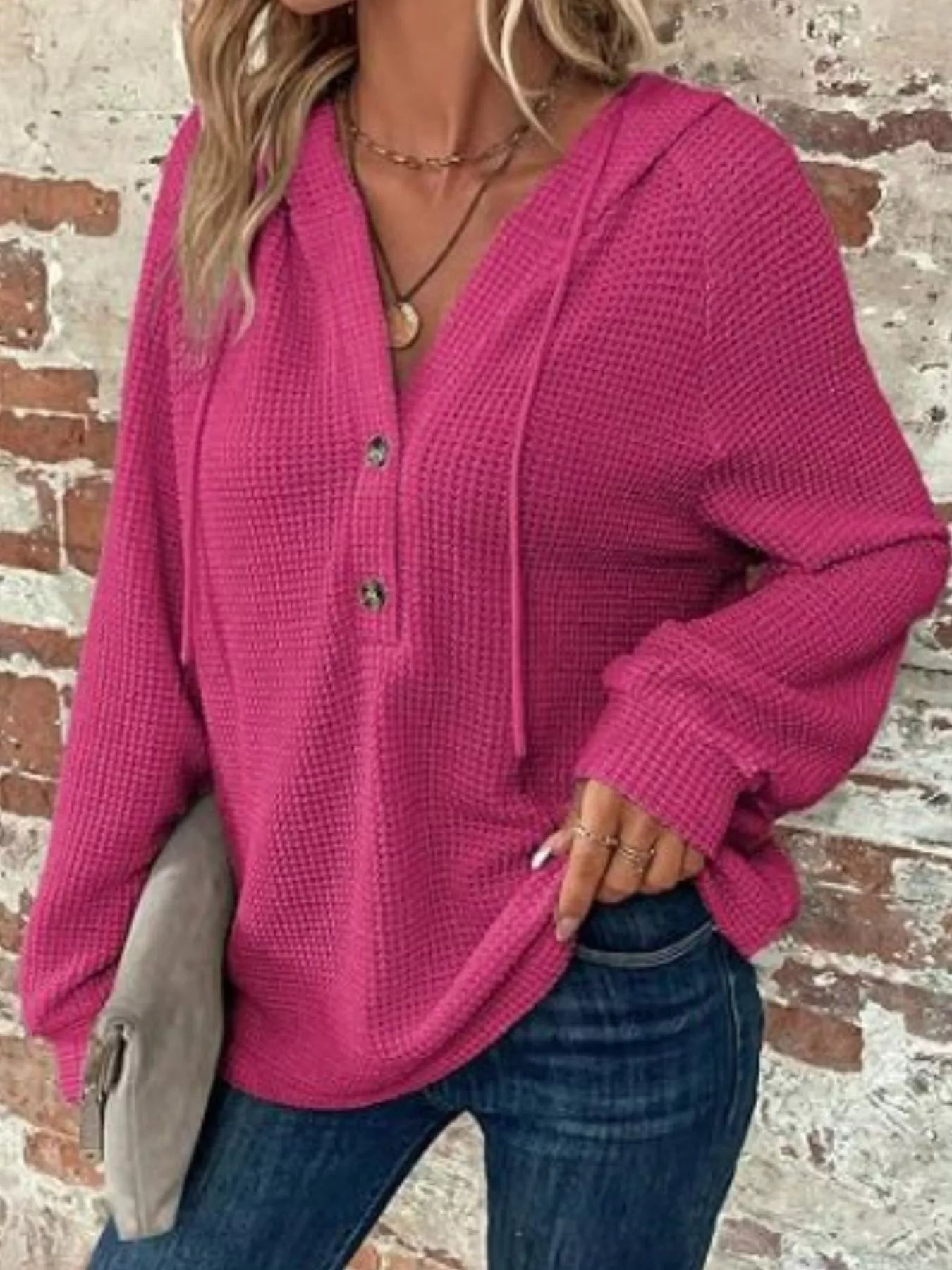 Sarah Express Women's Waffle Knit Button Detail Hoodie Fuchsia Pink