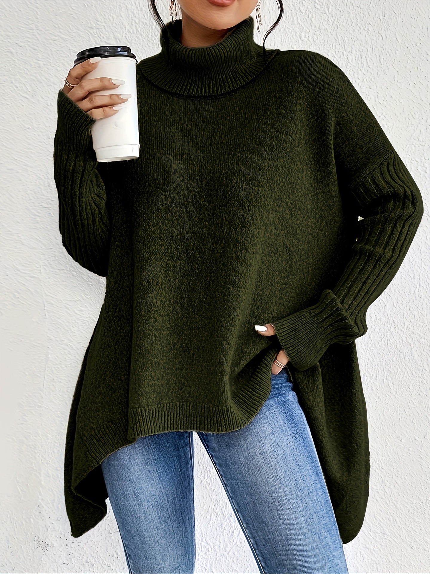 Sarah Express Women's Irregular Turtleneck Sweater - Loose Knit Long Sleeve Pullover Dark green