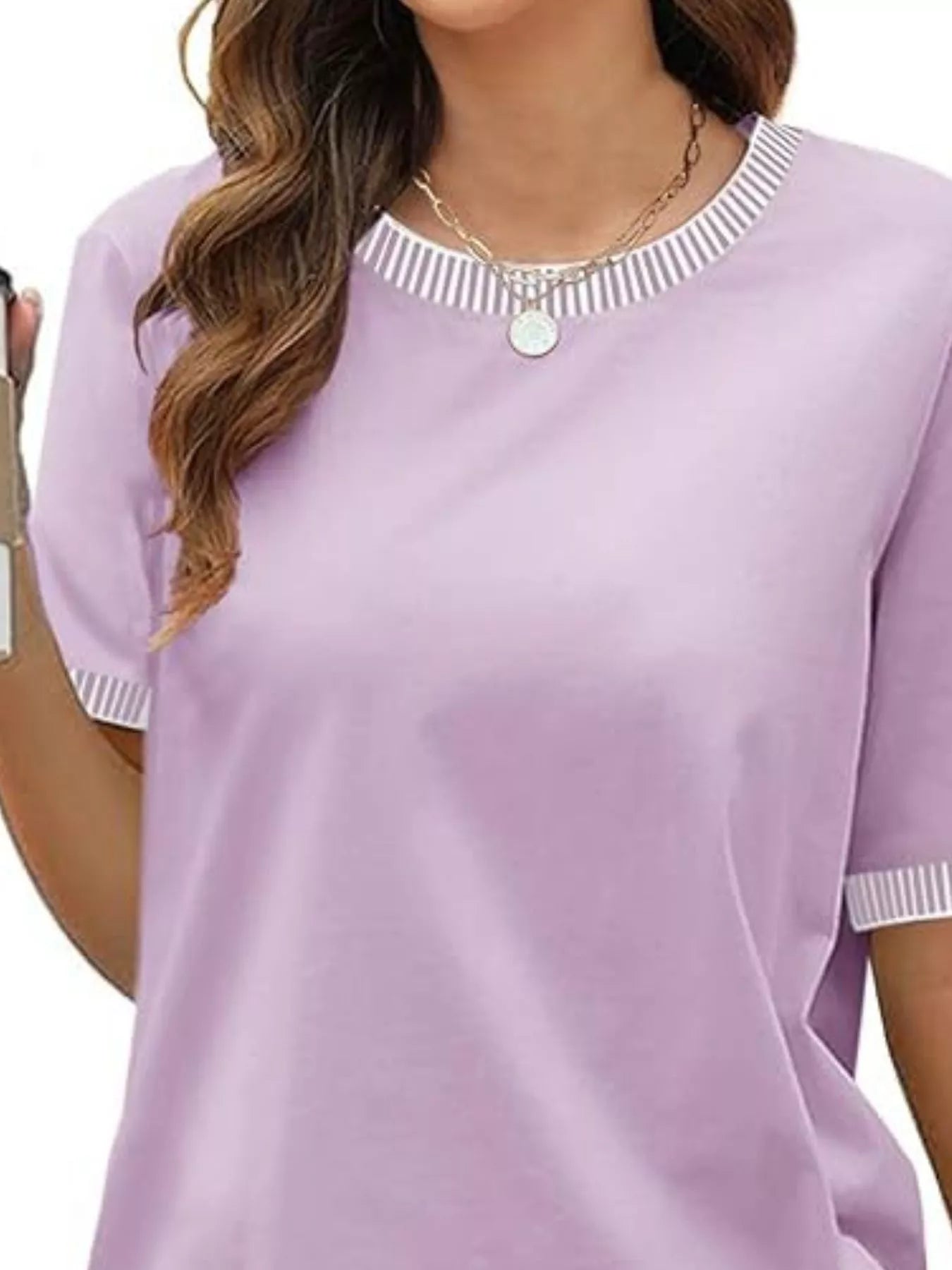 Sarah Express Women's Striped Trim Casual T-Shirt - Relaxed Fit Short Sleeve Top