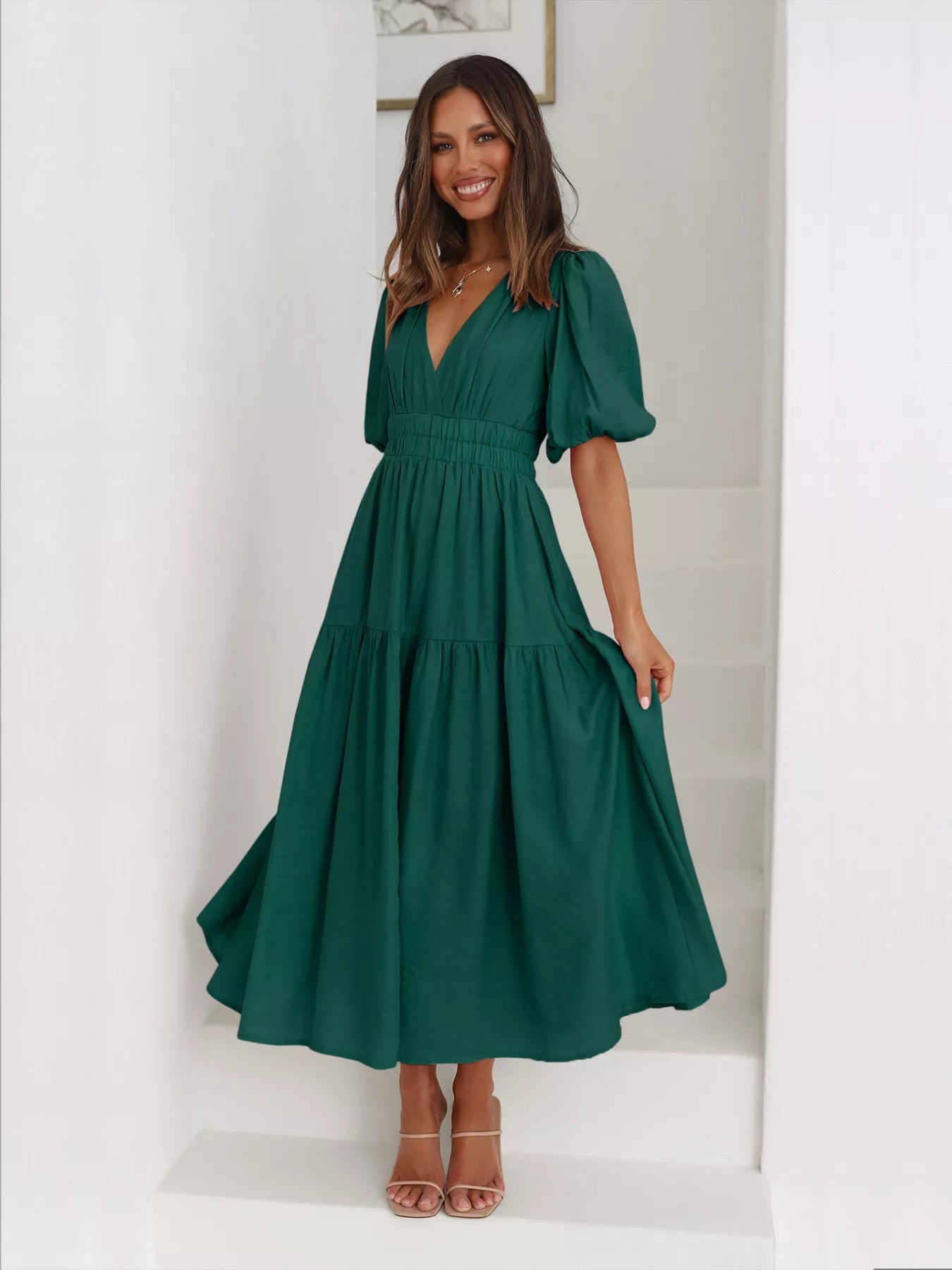 Sarah Express Women's Tiered Puff Sleeve Midi Dress Dark Green