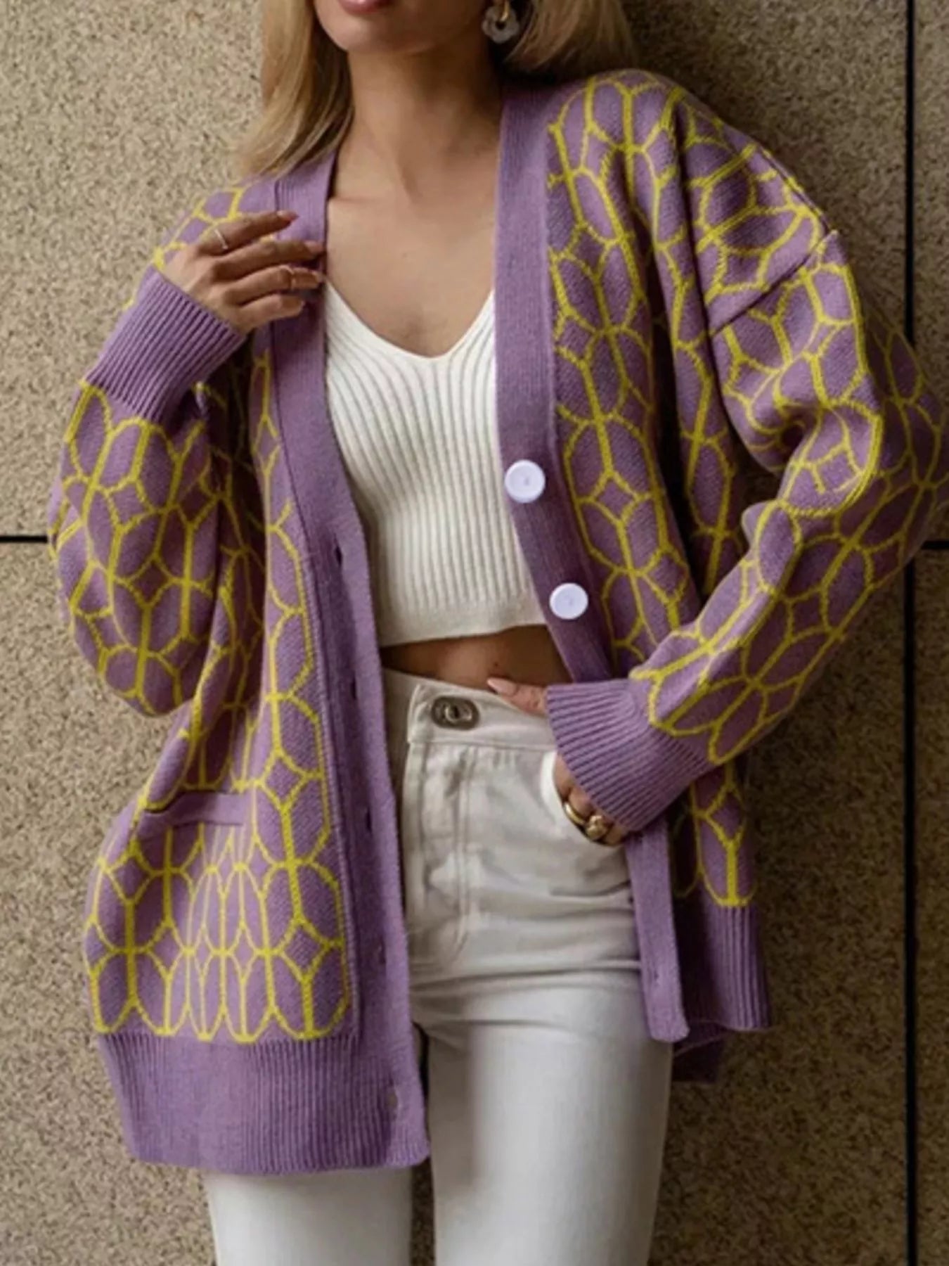 Sarah Express Women's Geometric Patterned Button-Down Cardigan - Cozy Knit Sweater