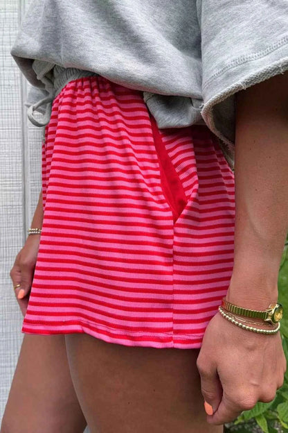 Sarah Express Women's Stripe Contrast Elastic Waist Casual Ribbed Shorts