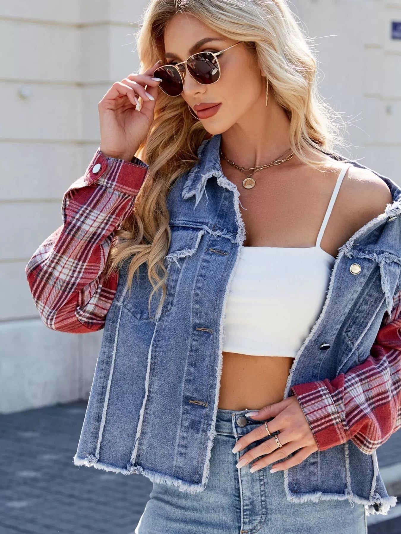 Sarah Express Women's Raw Hem Plaid Sleeve Denim Jacket