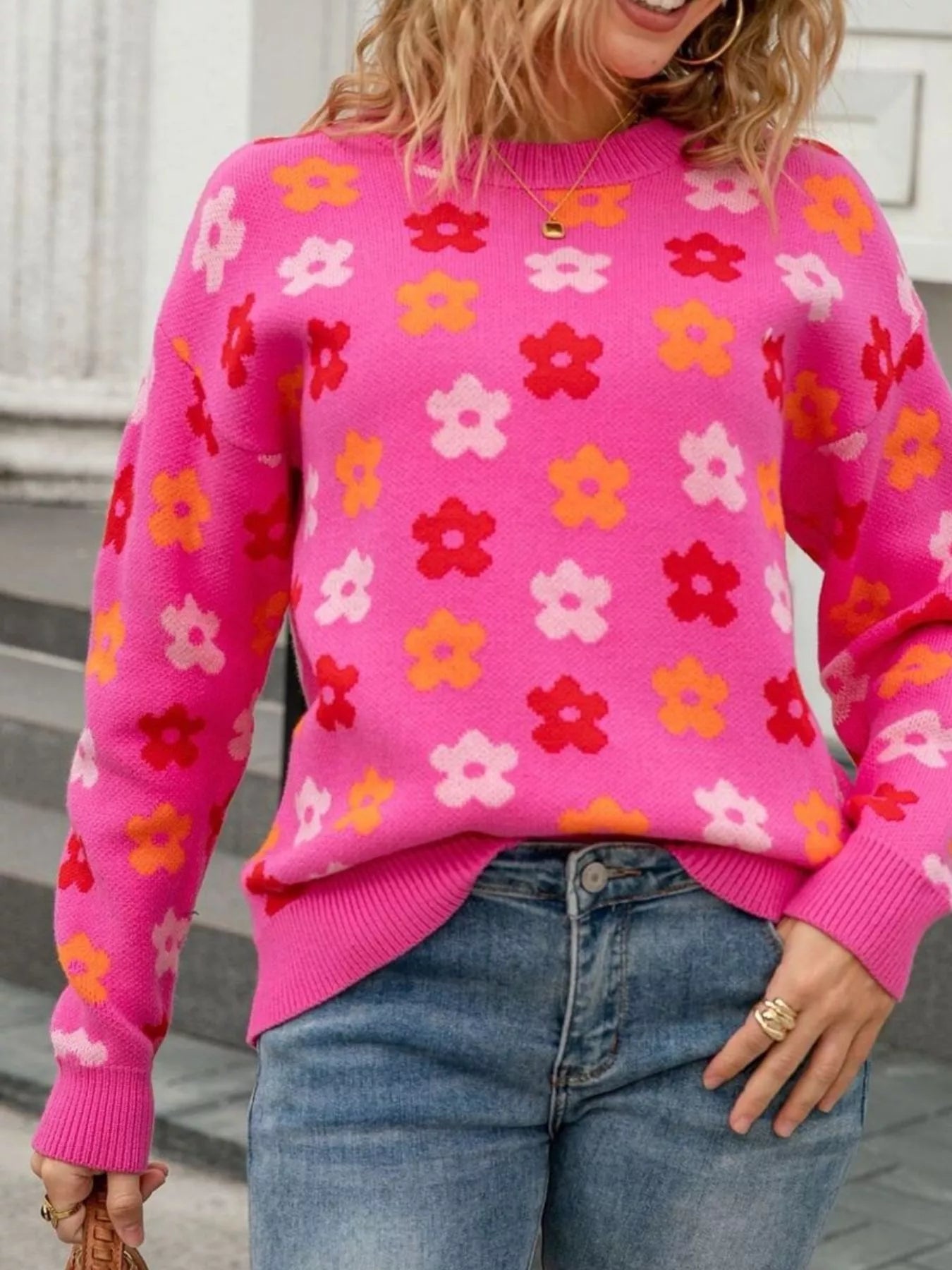 Sarah Express Women's Floral Crew Neck Sweater - Acrylic Knit Pullover