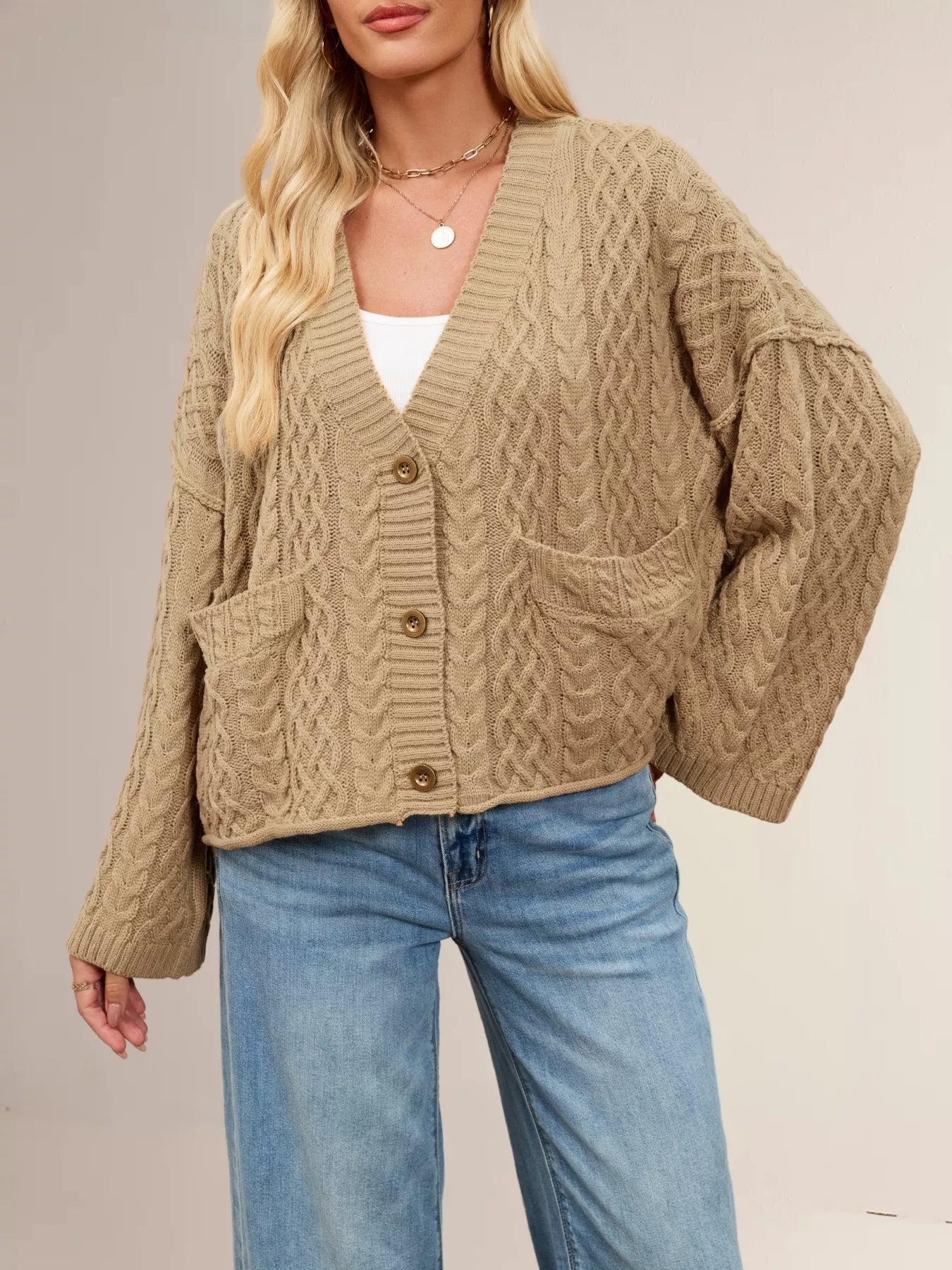 Sarah Express Women's Cable Knit Button-Down Cardigan Khaki