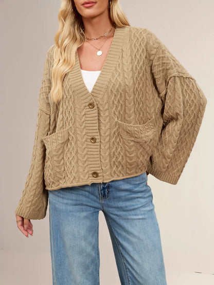 Sarah Express Women's Cable Knit Button-Down Cardigan Khaki