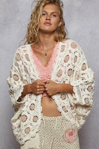 Sarah Express Women’s Openwork Chenille Cardigan with Floral Contrast V-Neck
