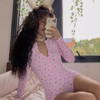 Sarah Express Floral V-Neck Double Breasted Long Sleeve Romper Shorts Jumpsuit
