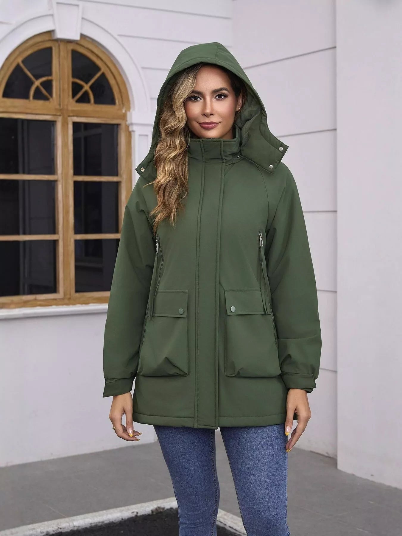 Sarah Express Women's Zip Up Hooded Parka Jacket - Plus Size Outerwear Army Green