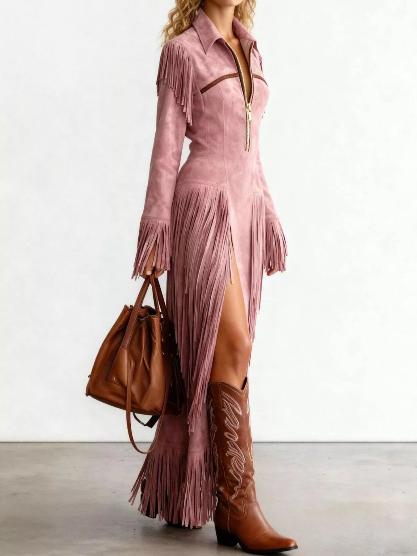 Sarah Express Women's Fringed Suede Slit Dress - Boho Western Style Maxi Dress