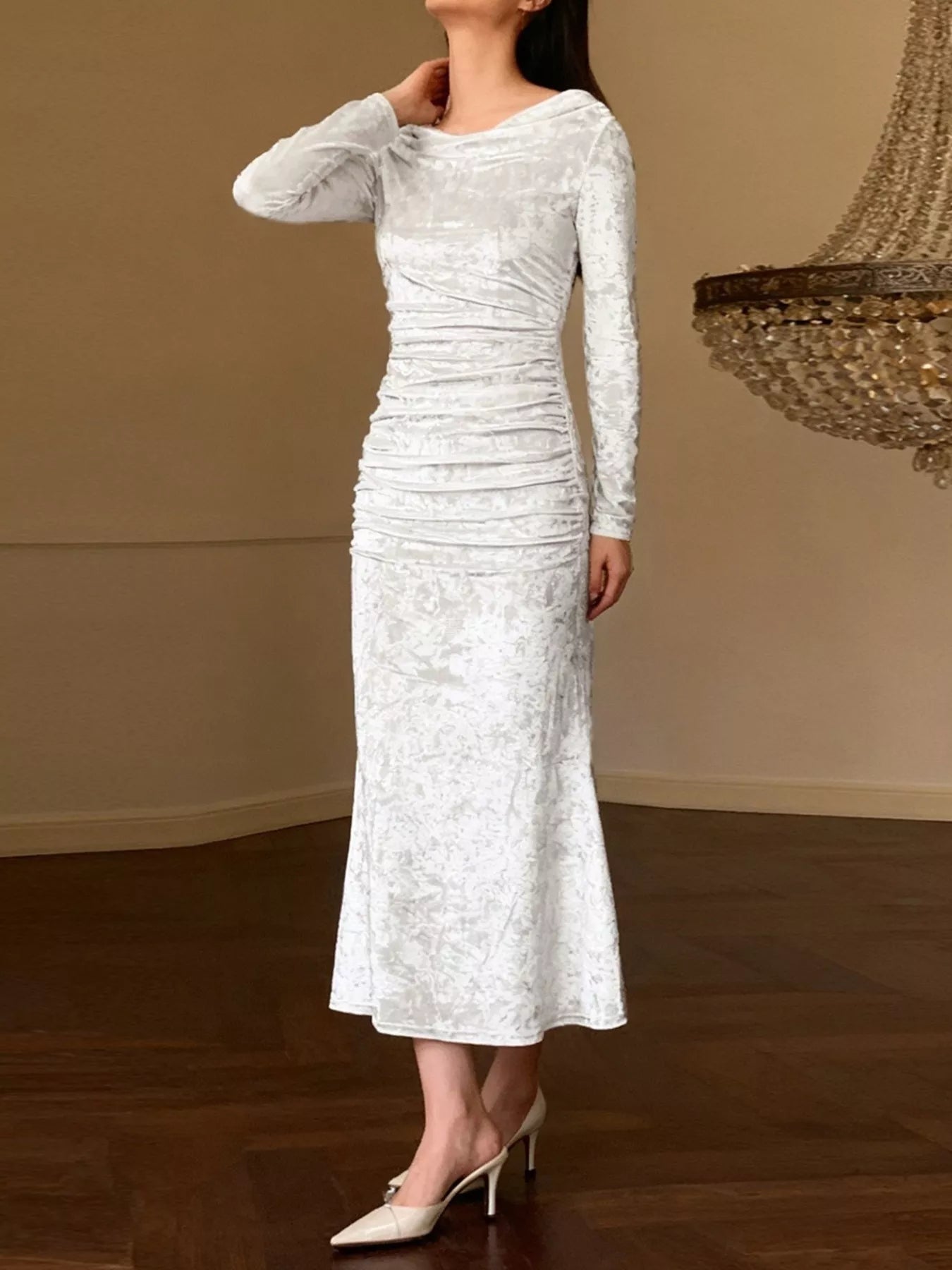 Sarah Express Women's Velvet Ruched Bodycon Midi Dress - Long Sleeve Party Dress