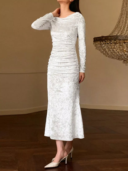 Sarah Express Women's Velvet Ruched Bodycon Midi Dress - Long Sleeve Party Dress