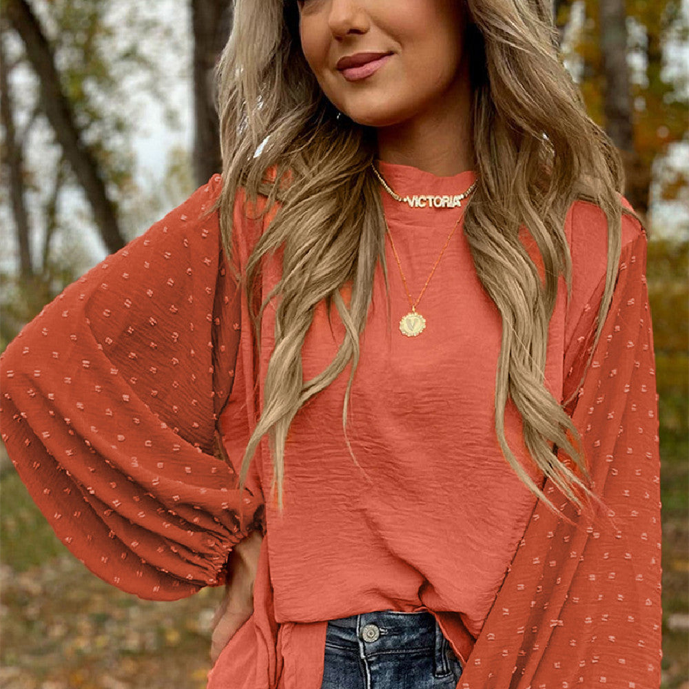 Sarah Express Round Neck Chiffon Blouse Long Sleeve Solid Color Casual Top