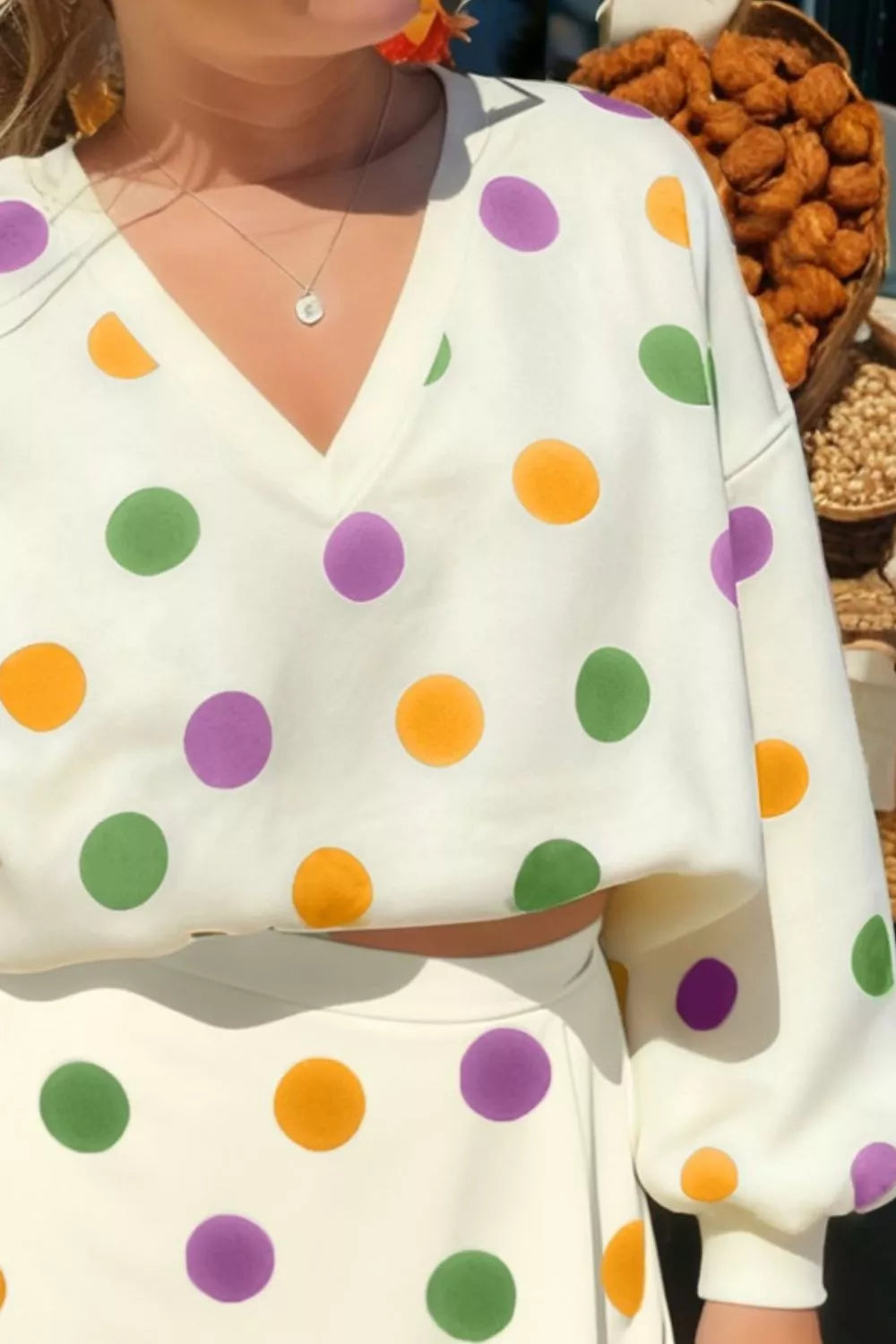 Sarah Express Women's Polka Dot V-Neck Top and Skirt Set