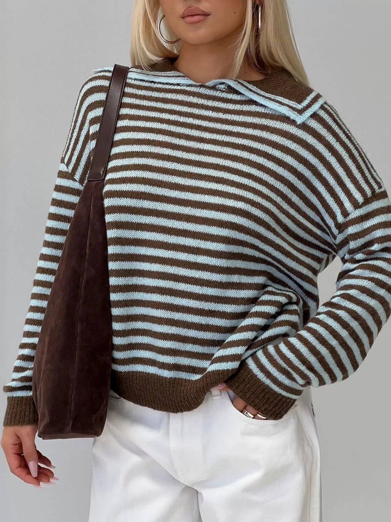 Sarah Express Women's Striped Knit Dropped Shoulder Sweater Chocolate