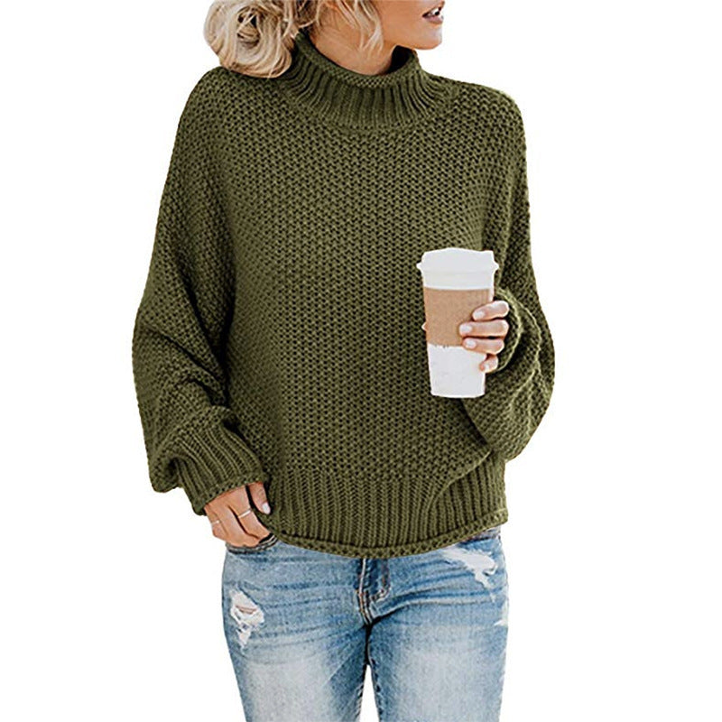 Sarah Express Solid Turtleneck Pullover Sweater Winter Fashion Casual Knitted Long-Sleeved Top Women's Clothing Green