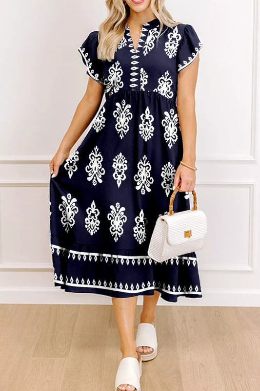 Sarah Express Women's Printed Notched Neckline Short Sleeve Dress Dark Navy