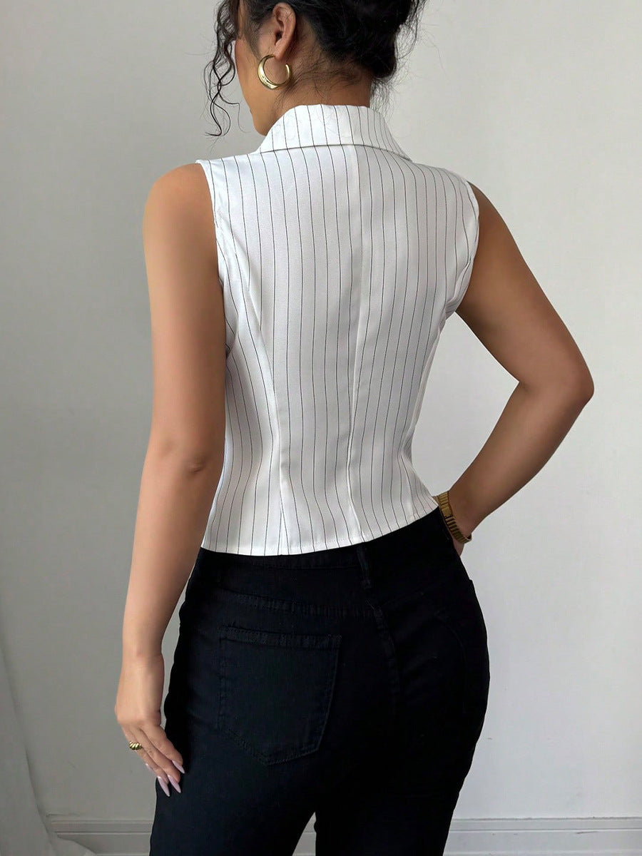 Sarah Express Striped Sleeveless Button-Down Blouse Slim Fit